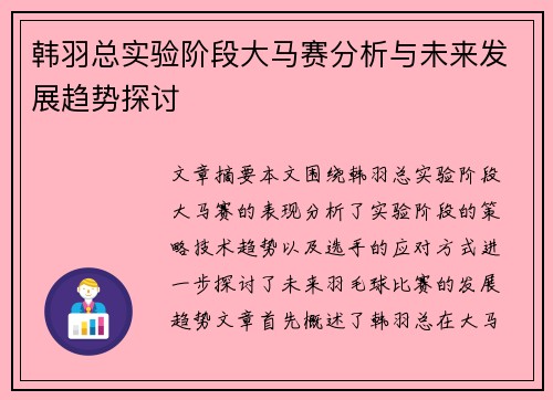 韩羽总实验阶段大马赛分析与未来发展趋势探讨